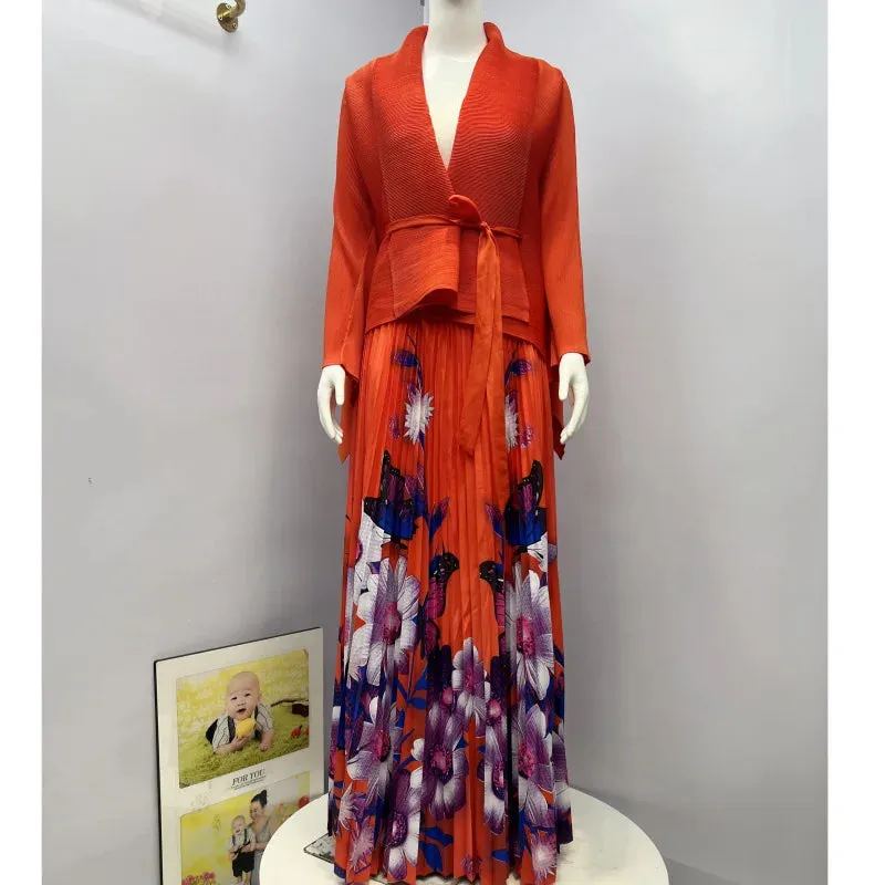 Fashion Print Pleated 2 Piece Set Women Belt Loose Tops   High Waist A-line Long Skirts