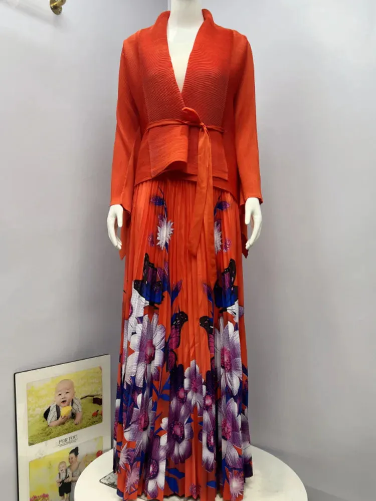 Fashion Print Pleated 2 Piece Set Women Belt Loose Tops   High Waist A-line Long Skirts