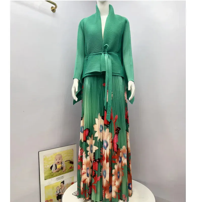 Fashion Print Pleated 2 Piece Set Women Belt Loose Tops   High Waist A-line Long Skirts
