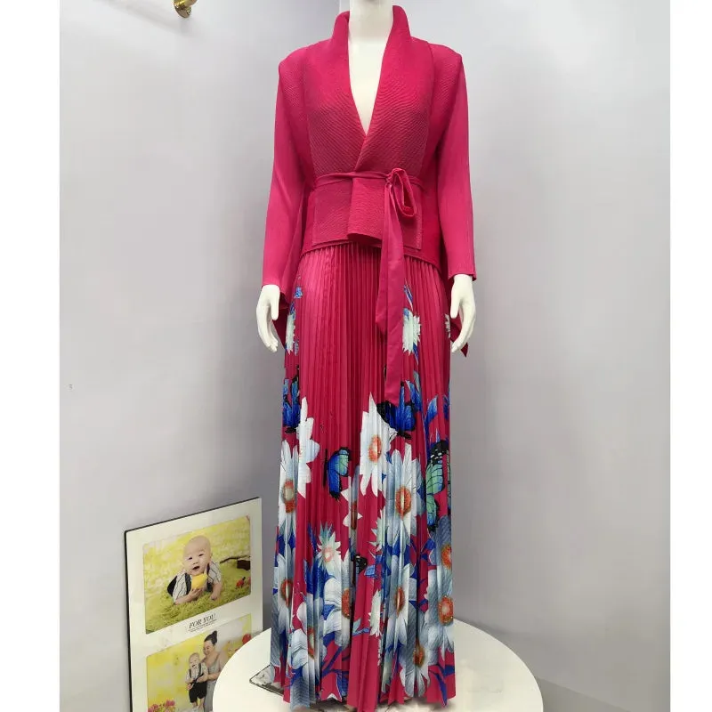 Fashion Print Pleated 2 Piece Set Women Belt Loose Tops   High Waist A-line Long Skirts