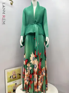 Fashion Print Pleated 2 Piece Set Women Belt Loose Tops   High Waist A-line Long Skirts