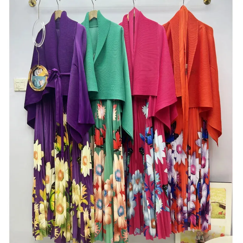 Fashion Print Pleated 2 Piece Set Women Belt Loose Tops   High Waist A-line Long Skirts