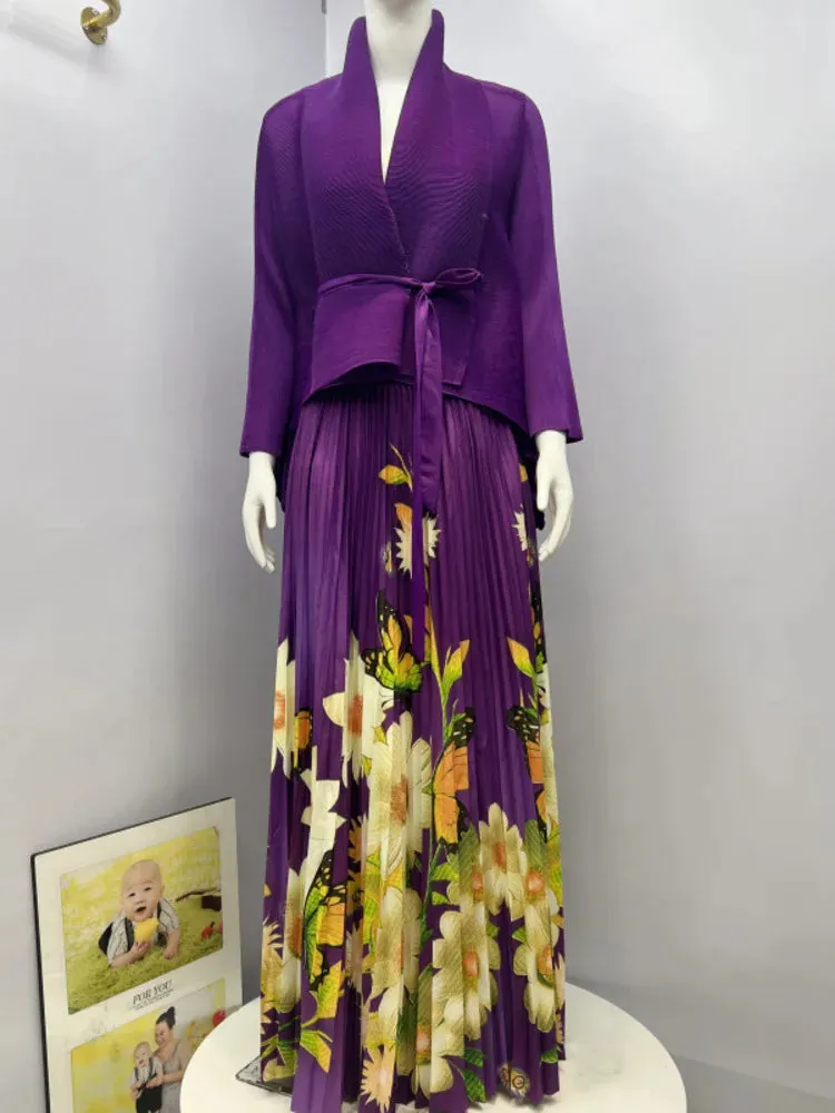 Fashion Print Pleated 2 Piece Set Women Belt Loose Tops   High Waist A-line Long Skirts