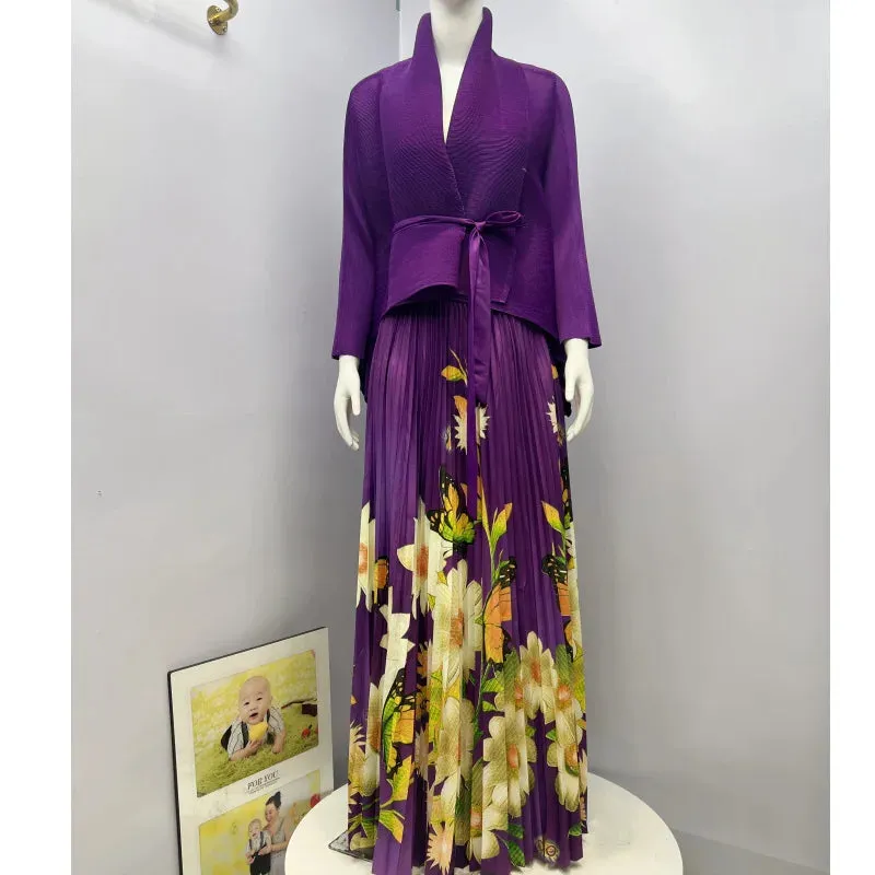 Fashion Print Pleated 2 Piece Set Women Belt Loose Tops   High Waist A-line Long Skirts