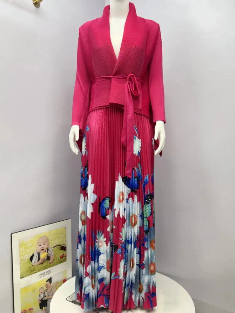 Fashion Print Pleated 2 Piece Set Women Belt Loose Tops   High Waist A-line Long Skirts