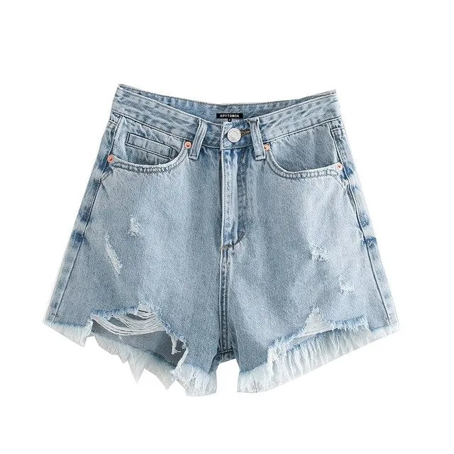 FRAYED HEM RIPPED DENIM SHORTS