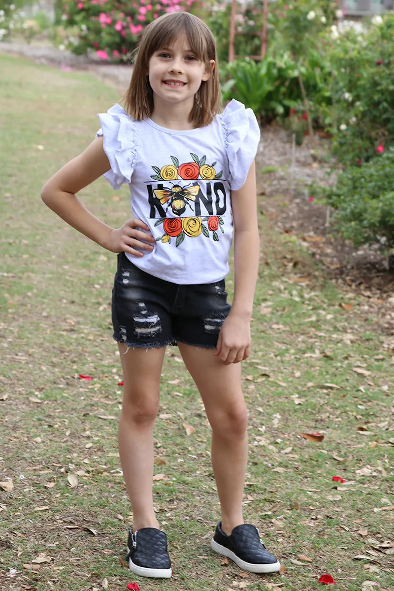 KIND" Gray angel sleeve top & black distressed denim shorts. OFG251423045 Jean