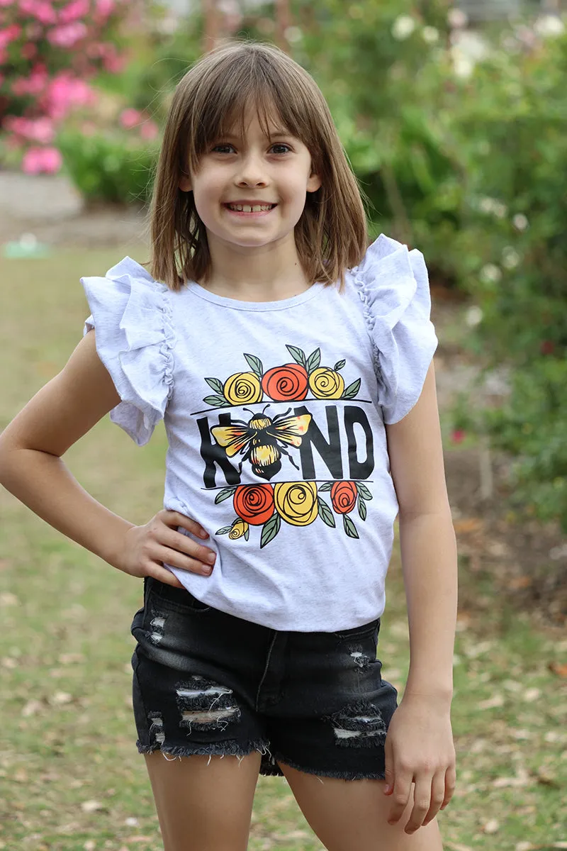 KIND" Gray angel sleeve top & black distressed denim shorts. OFG251423045 Jean