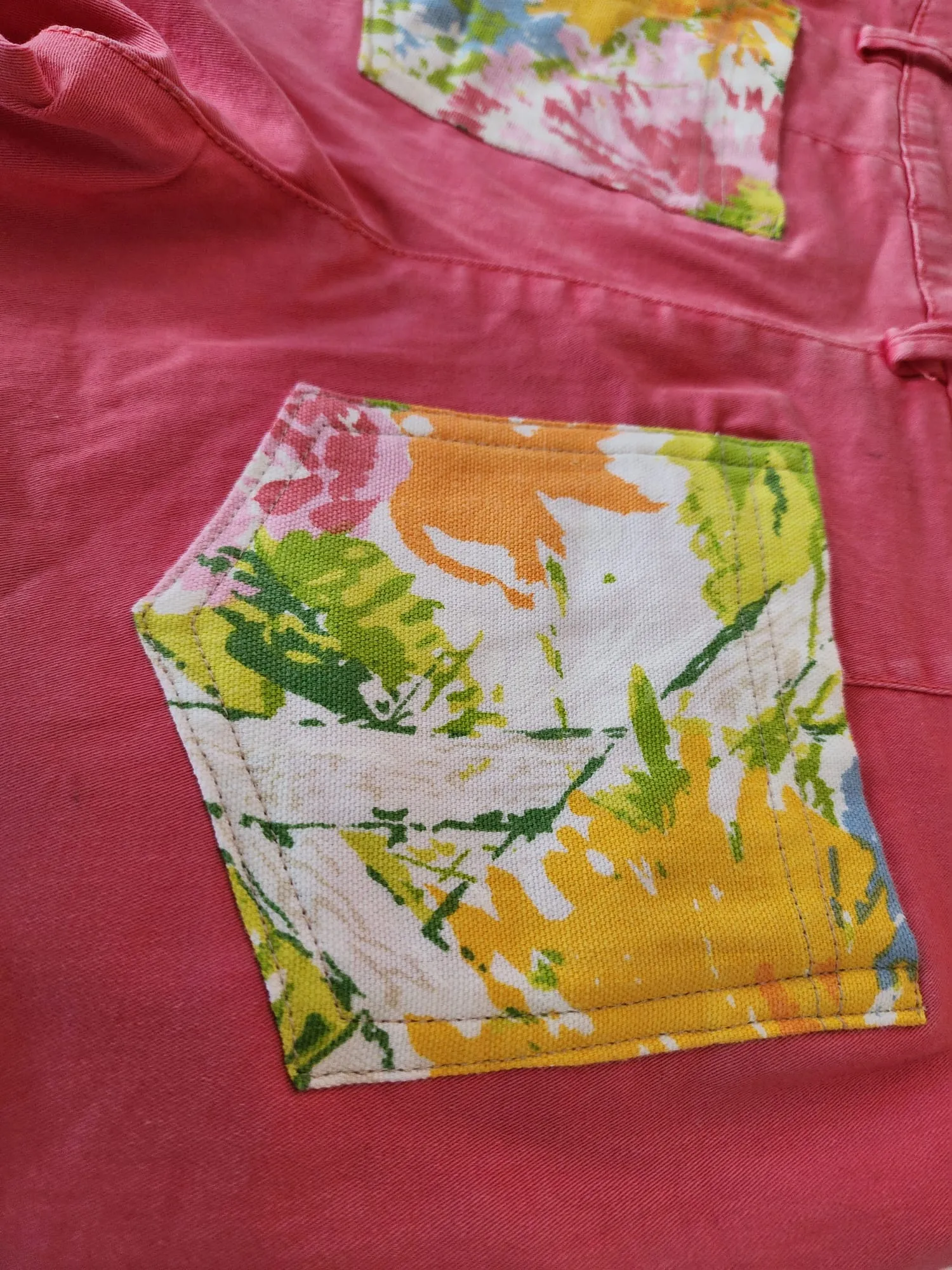 Pink Shorts with Orange Flower Detail from Upcycled Denim