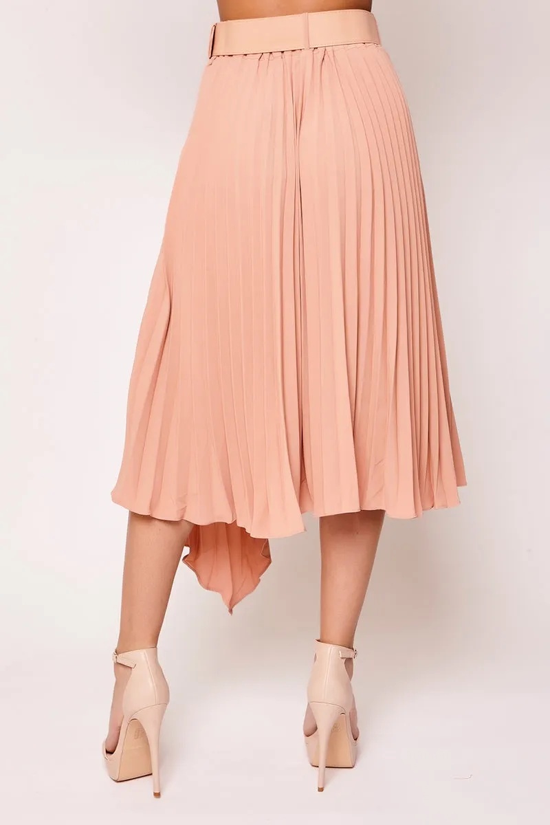 Starla - Nude High Waisted Belted Pleated Skirt