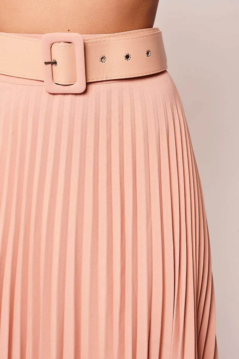 Starla - Nude High Waisted Belted Pleated Skirt