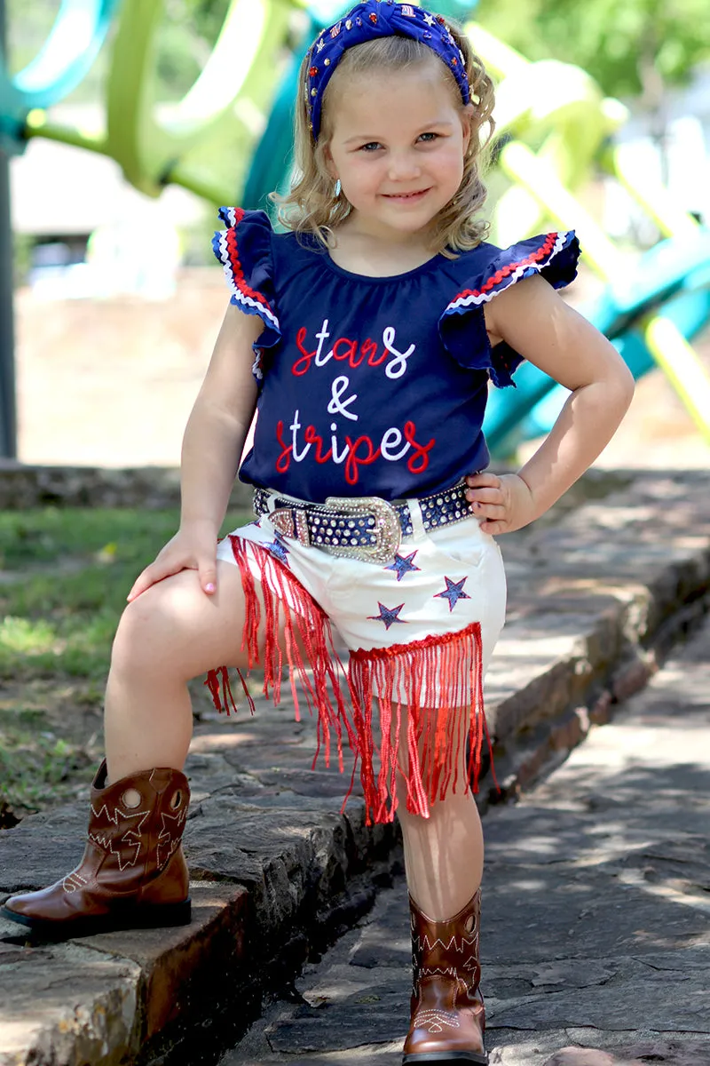 Stars & Stripes patriotic navy blue top & white denim shorts. OFG50593 Jean