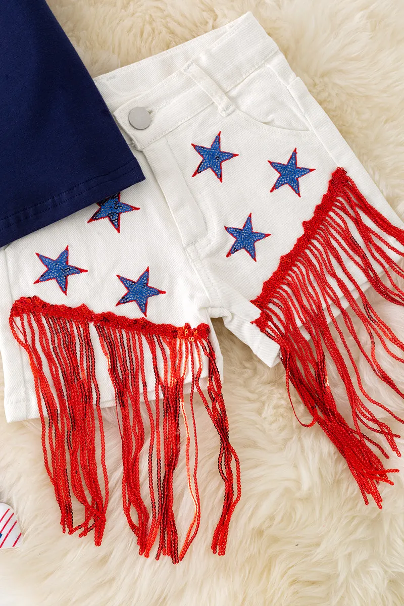 Stars & Stripes patriotic navy blue top & white denim shorts. OFG50593 Jean
