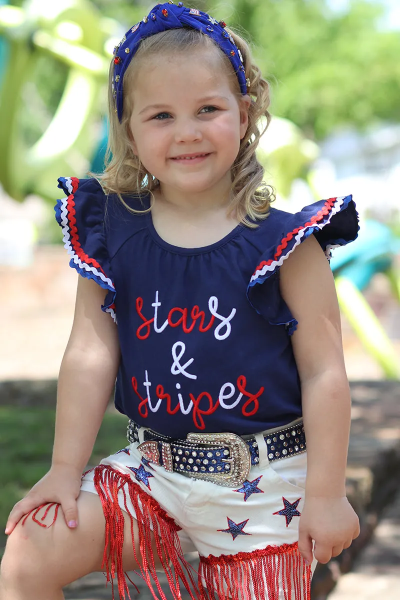 Stars & Stripes patriotic navy blue top & white denim shorts. OFG50593 Jean
