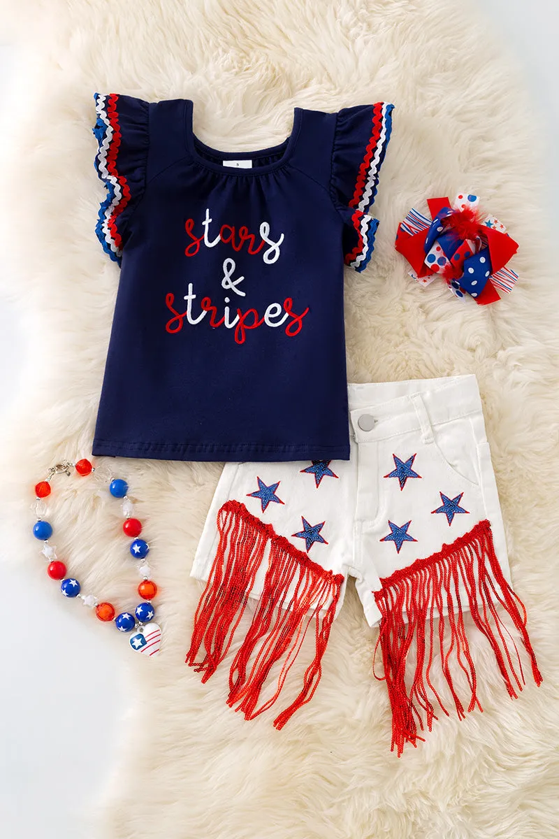 Stars & Stripes patriotic navy blue top & white denim shorts. OFG50593 Jean