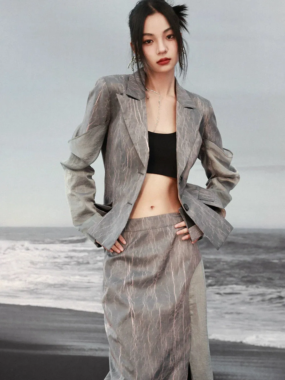 Suit Design Pleated Marbled Textured Jacket