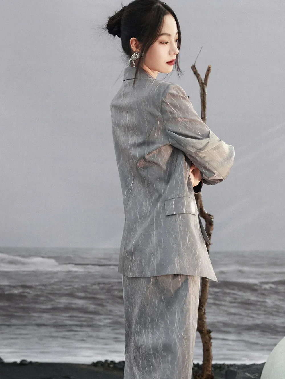 Suit Design Pleated Marbled Textured Jacket