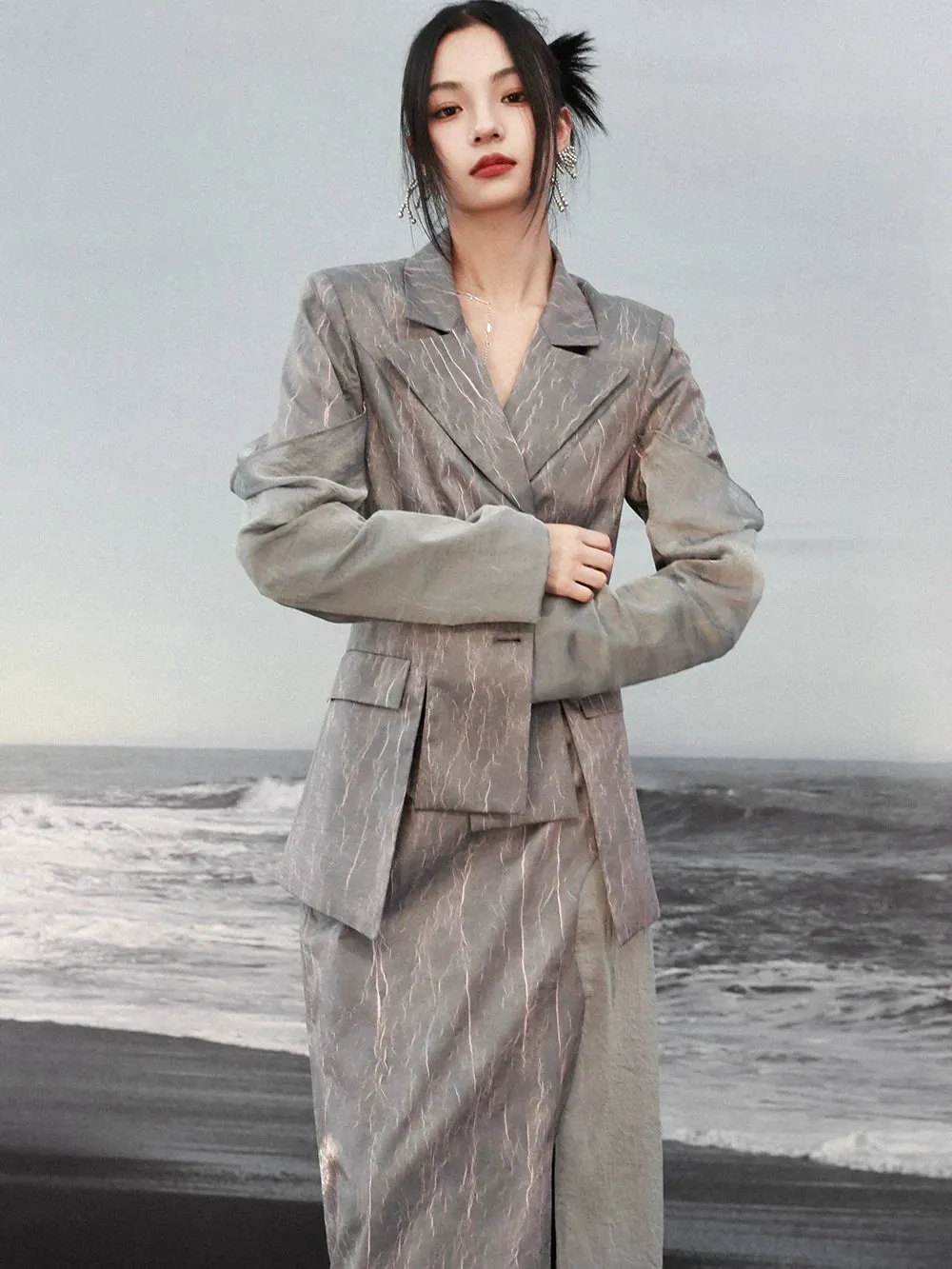 Suit Design Pleated Marbled Textured Jacket