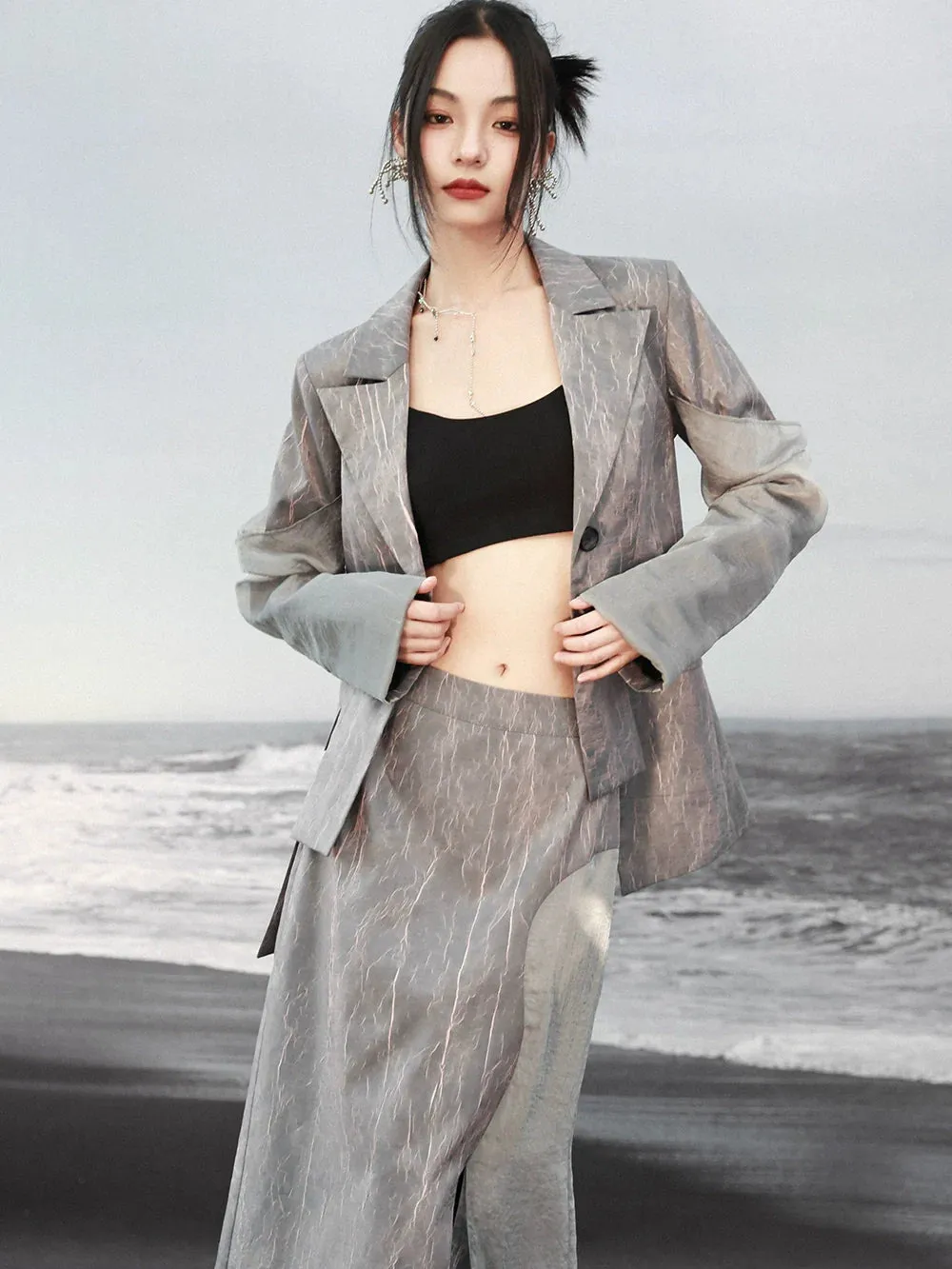 Suit Design Pleated Marbled Textured Jacket