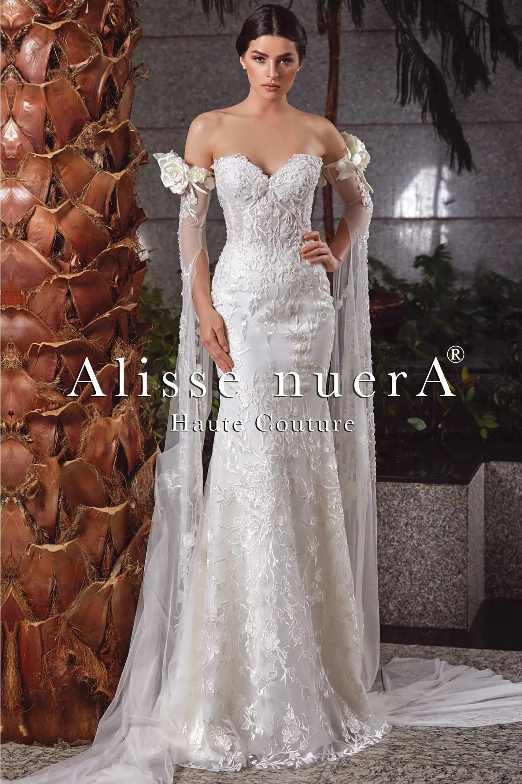 Sweetheart Strapless Sheath Bridal Dress with Detachable Overskirt Train and Sleeves