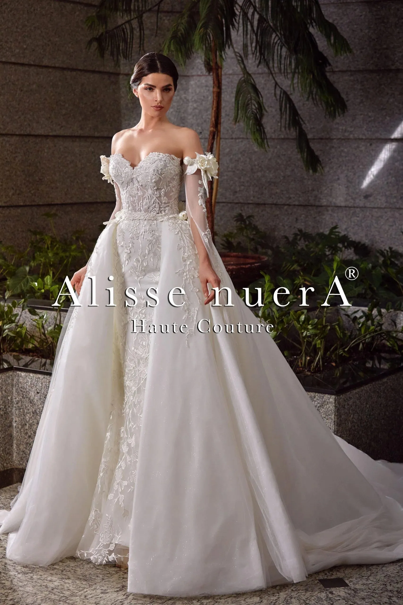 Sweetheart Strapless Sheath Bridal Dress with Detachable Overskirt Train and Sleeves