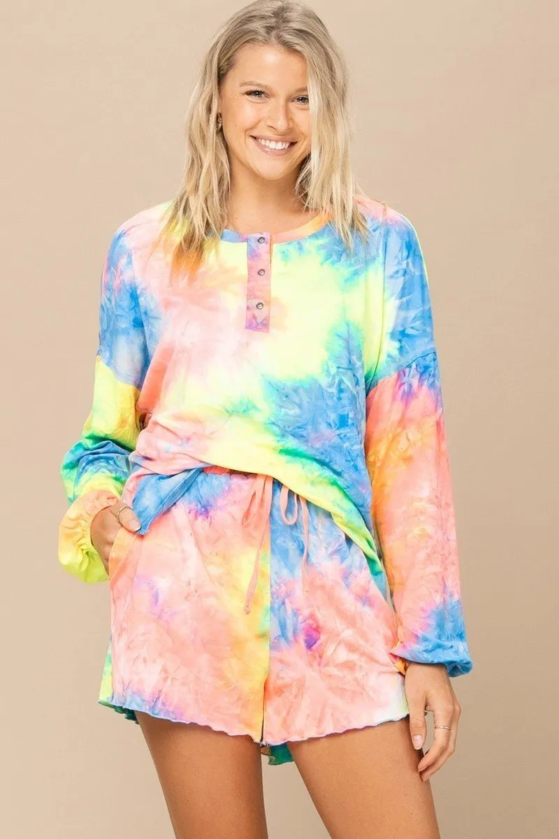 Vibrant Neon Tie-dye Printed Knit Top And Shorts Set