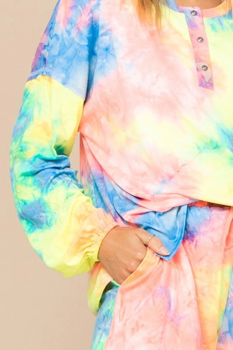 Vibrant Neon Tie-dye Printed Knit Top And Shorts Set