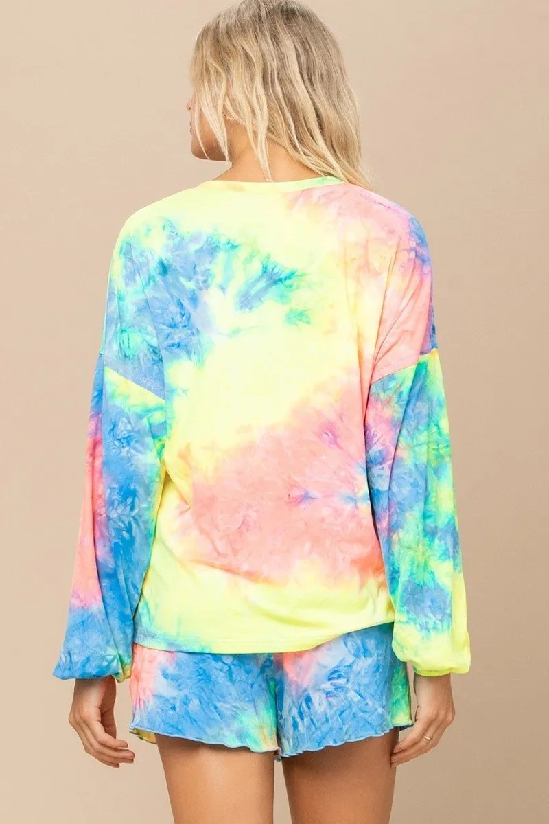 Vibrant Neon Tie-dye Printed Knit Top And Shorts Set