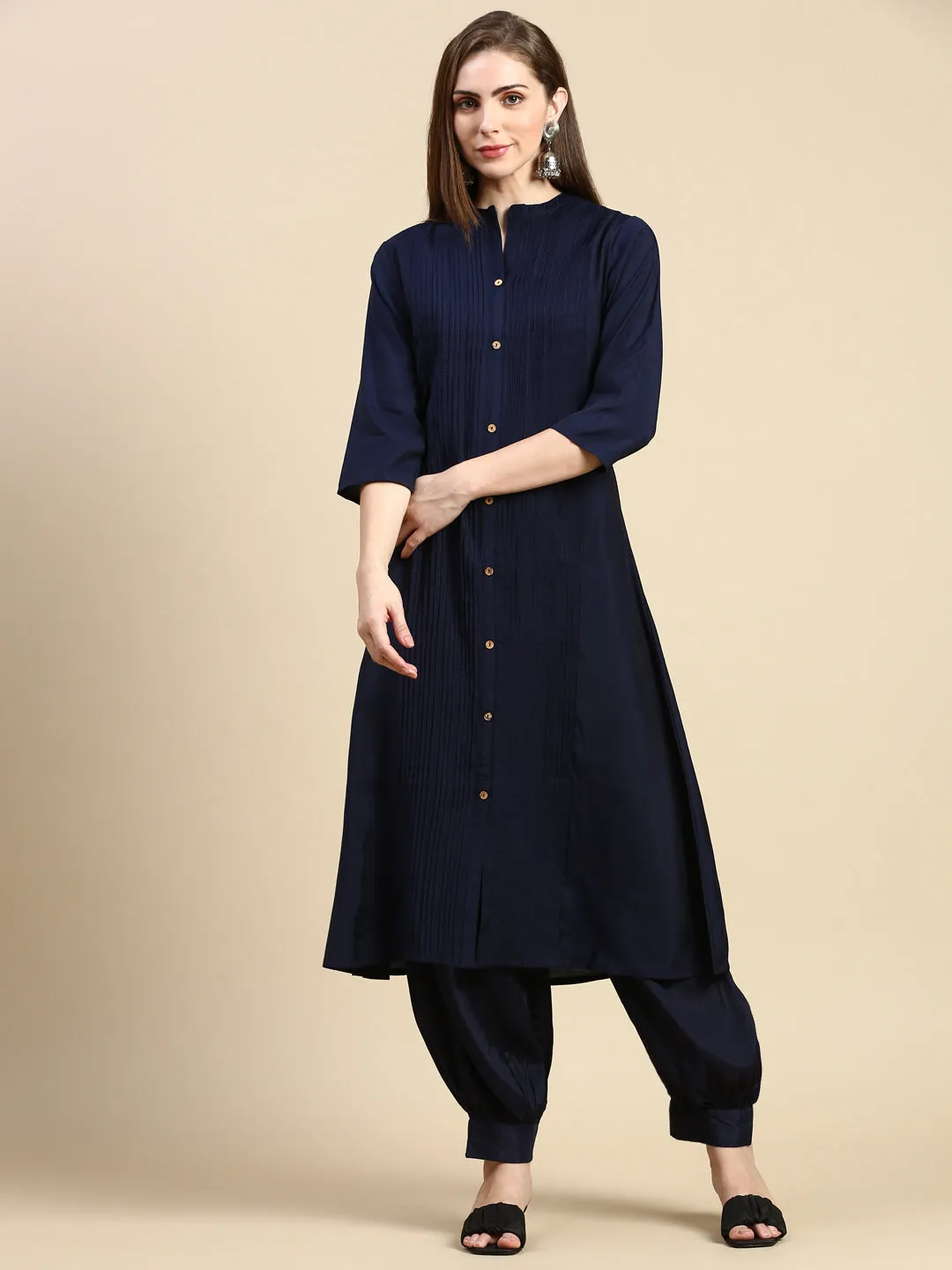 Women Solid Navy Blue A-Line Kurta
