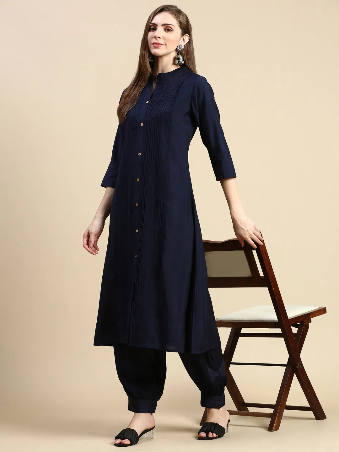 Women Solid Navy Blue A-Line Kurta